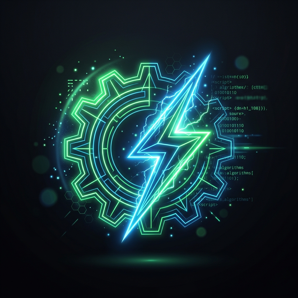 Abstract gear and lightning bolt representing code generation and automation