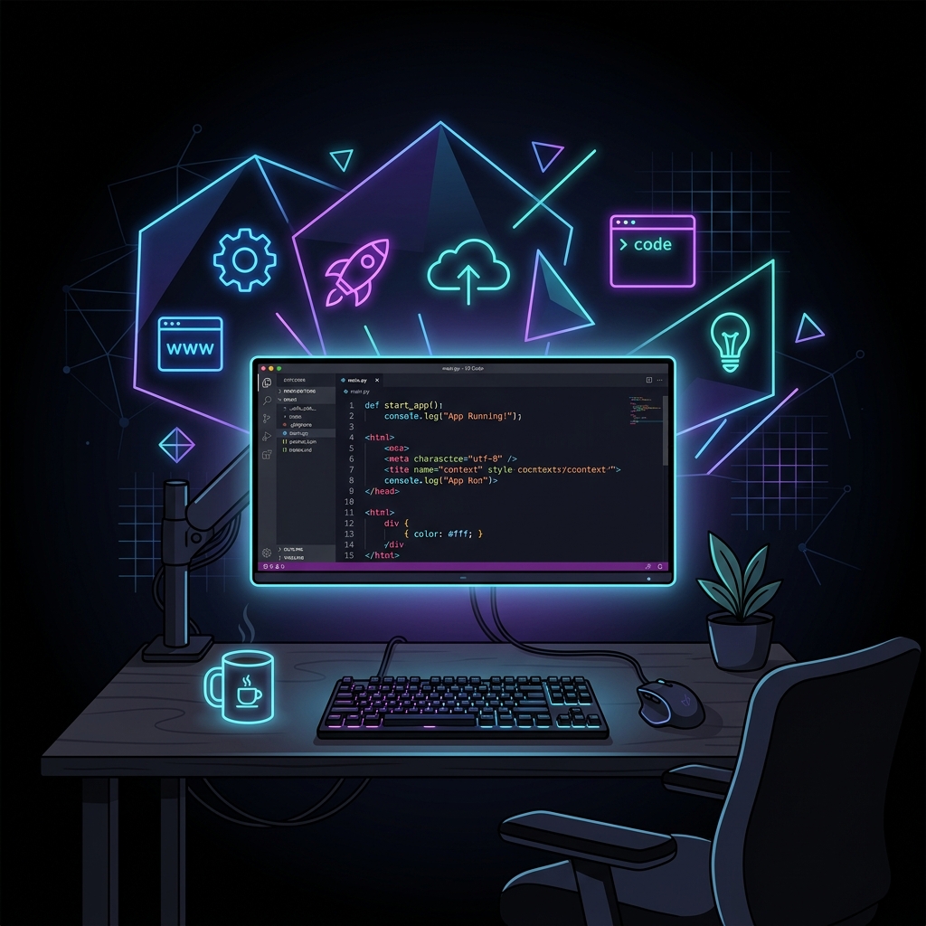 Modern web developer workspace illustration with floating code and geometric shapes